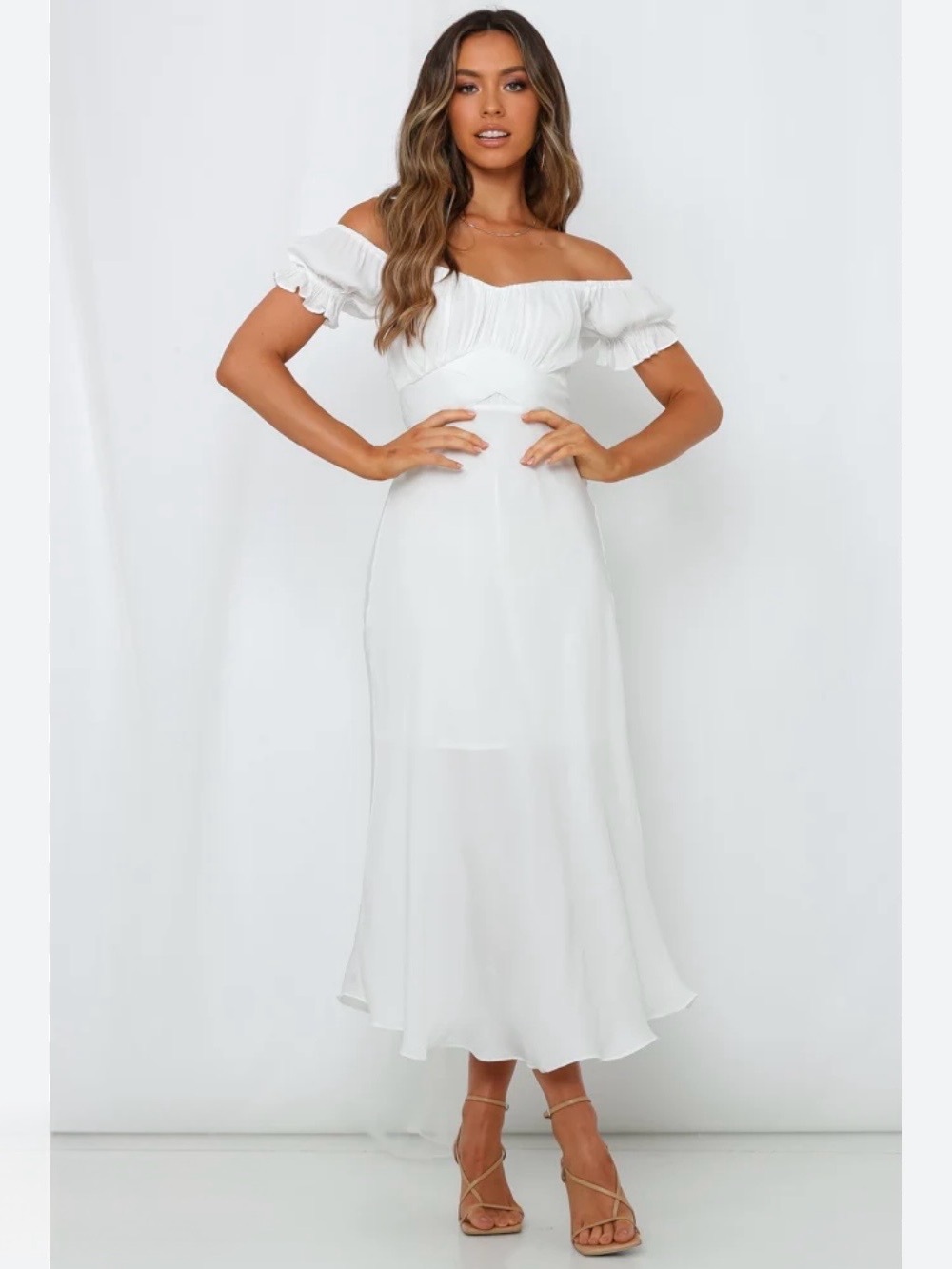 Hello Molly White Satin Ruffle Short Sleeve Sky Child Lined Maxi Dress Size 4